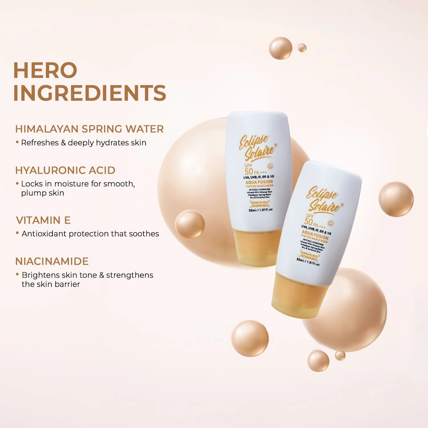 Eclipse Solaire Aqua Fusion Sunscreen SPF50 PA+++ | 5X Protection | Infused with Himalayan Spring Water | Non-Greasy, For All Skin Types - 30ml
