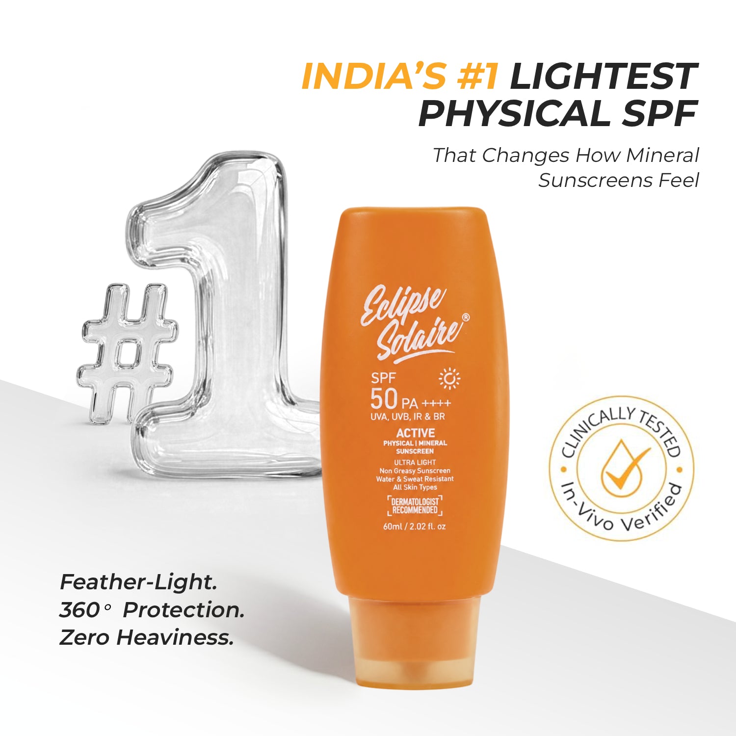 Eclipse Solaire Active SPF 50 PA++++ India’s Lightest Physical Sunscreen in 60ML