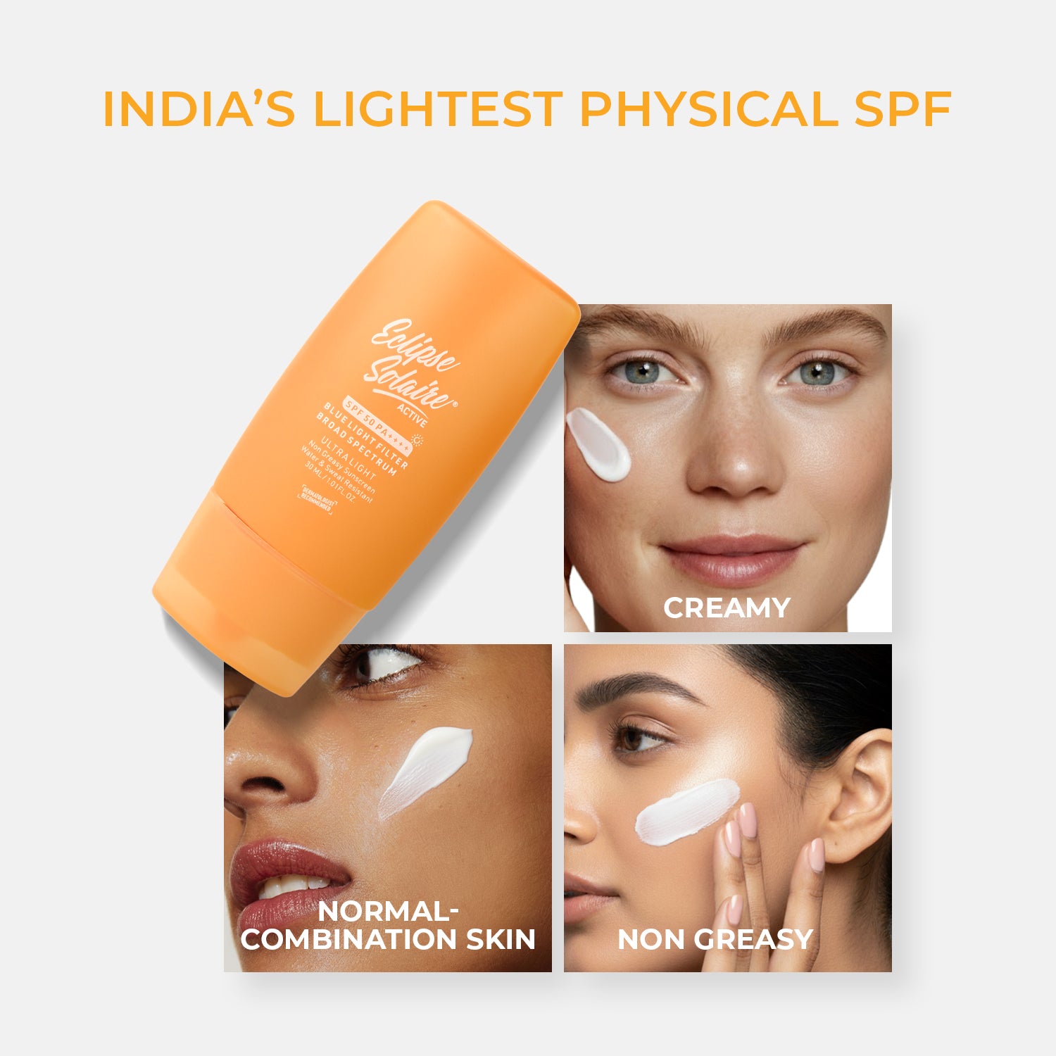 Eclipse Solaire Active SPF 50 PA++++ | Non-Greasy Physical Sunscreen for Sensitive Skin (30ML)