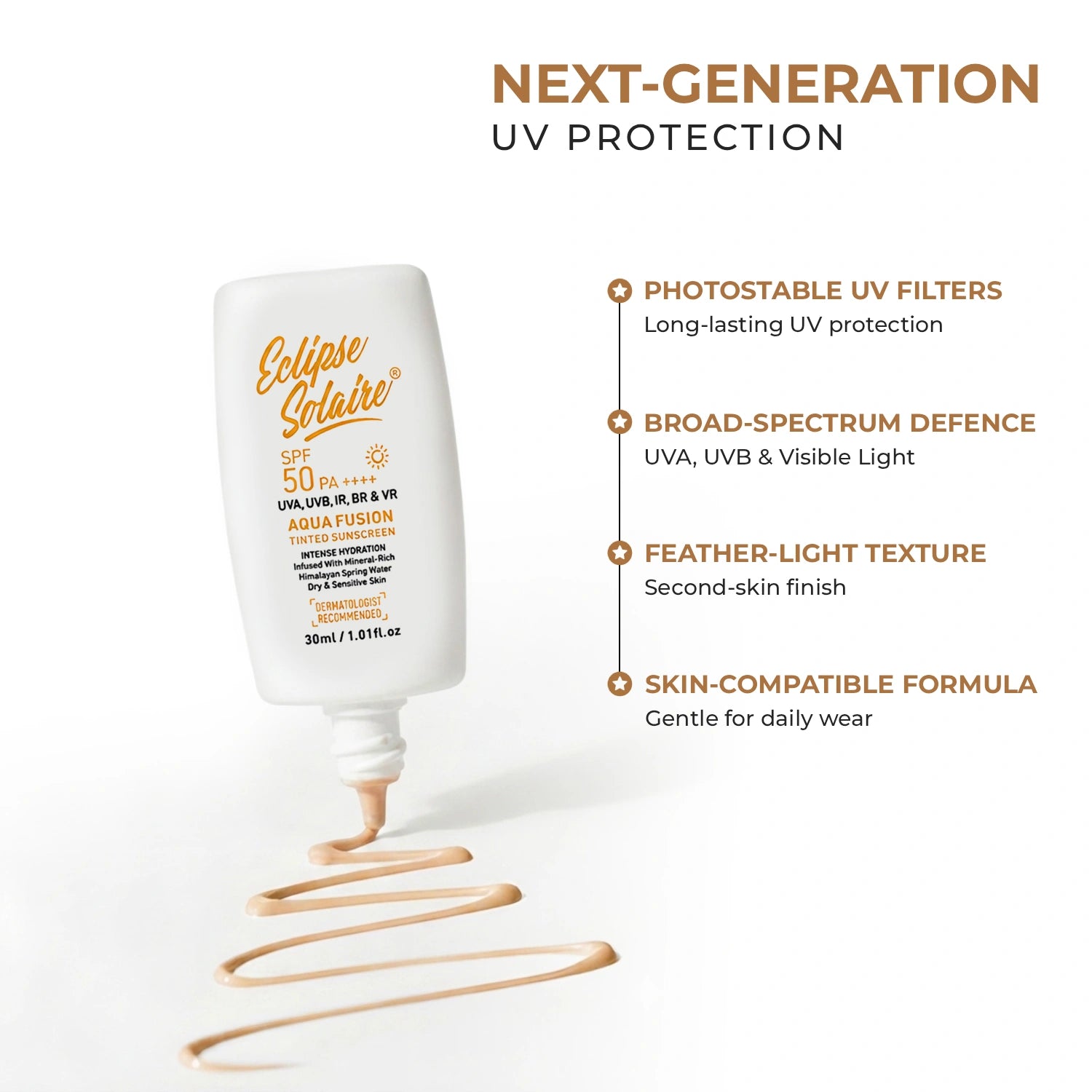 Eclipse Solaire Aqua Fusion Sunscreen SPF50 PA++++ | 5X Protection | Infused with Himalayan Spring Water | Non-Greasy, For All Skin Types - 30ml