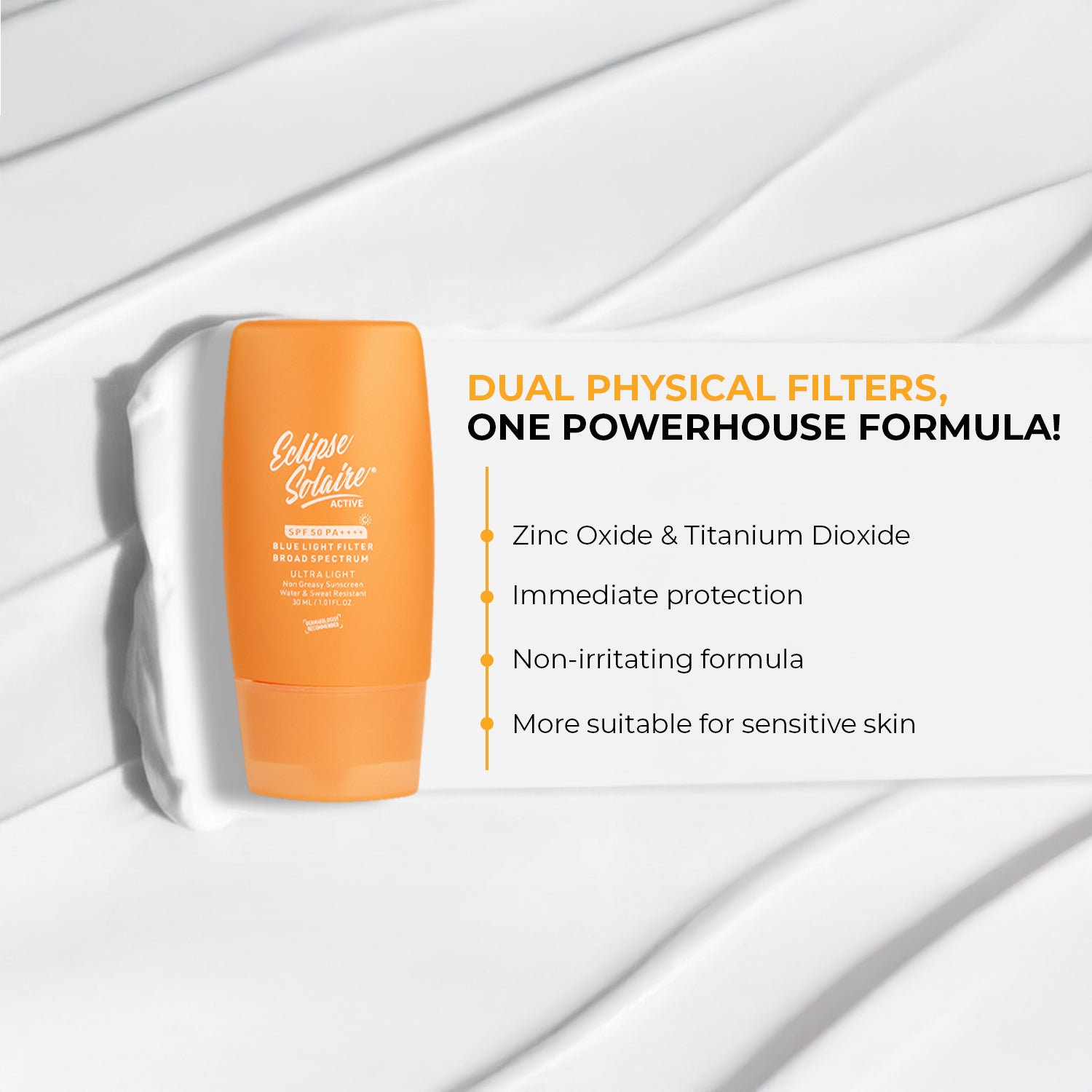 Eclipse Solaire Active SPF 50 PA++++ | Non-Greasy Physical Sunscreen for Sensitive Skin (30ML)