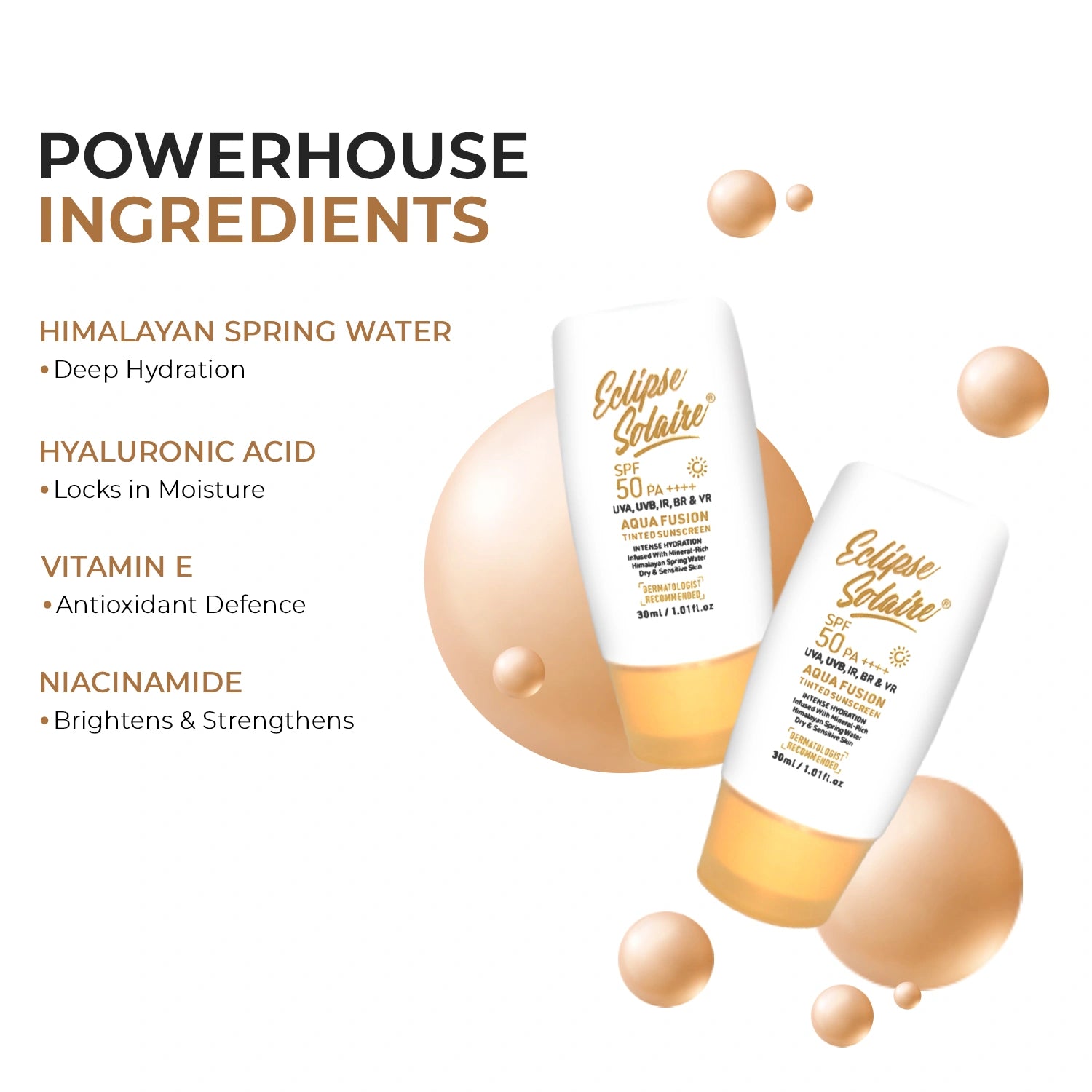 Eclipse Solaire Aqua Fusion Sunscreen SPF50 PA++++ | 5X Protection | Infused with Himalayan Spring Water | Non-Greasy, For All Skin Types - 30ml
