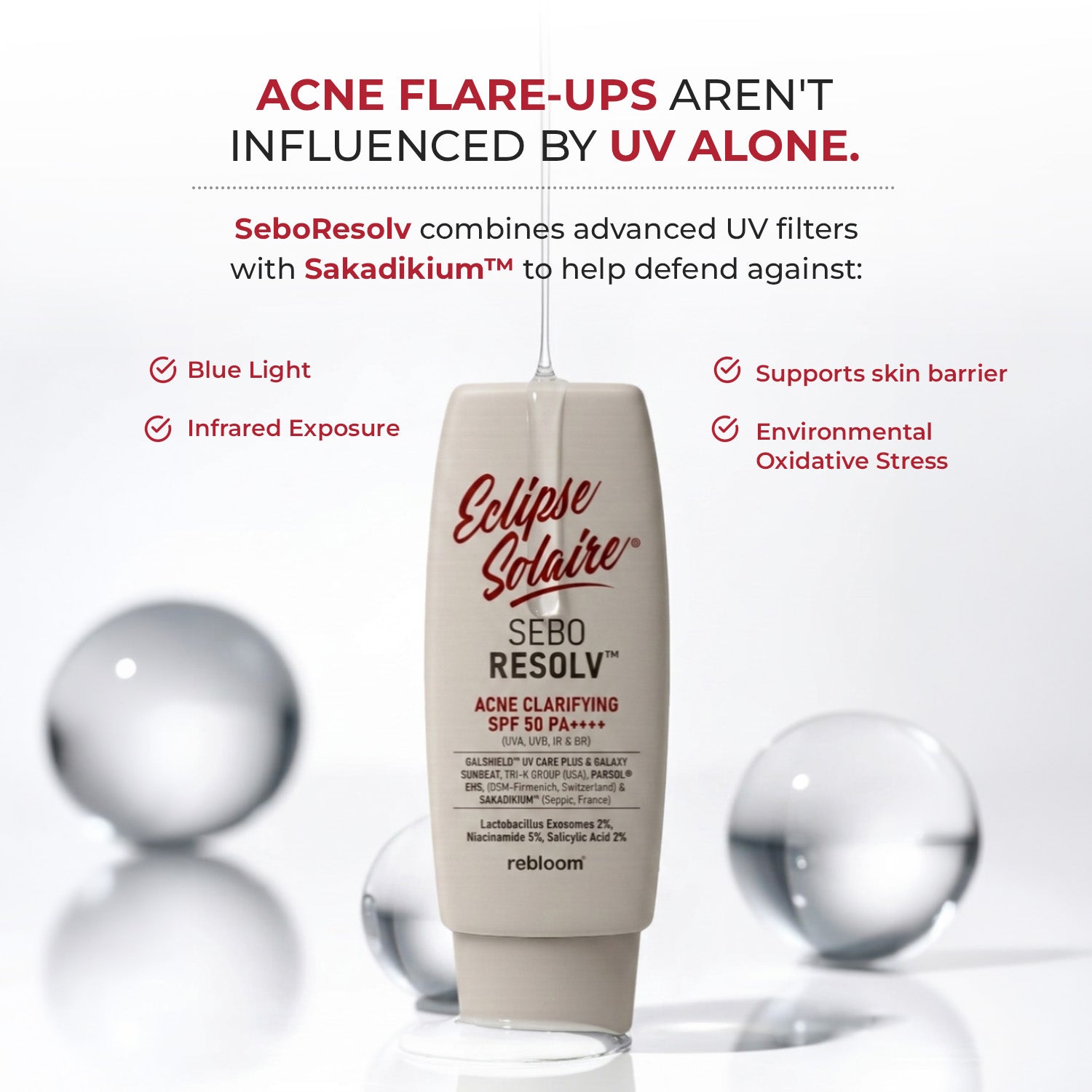Eclipse Solaire SeboResolv Acne Clarifying SPF 50 PA++++ (UVA, UVB, IR & BR) | No white cast | Non-greasy | Oily/Acne prone skin 60ml
