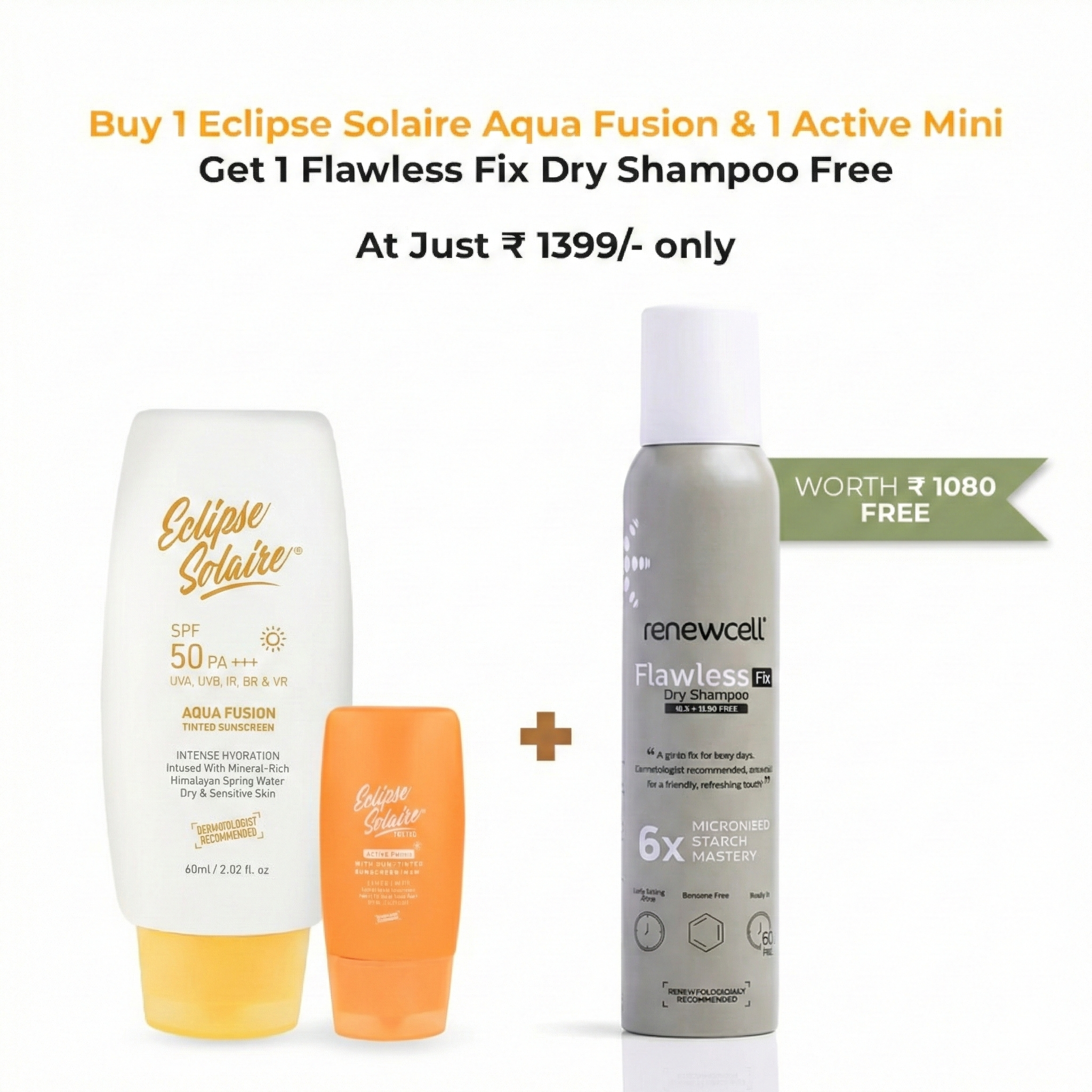 Buy 1 Eclipse Solaire Aqua Fusion & 1 Active Mini Get Flawless Fix Dry Shampoo Free