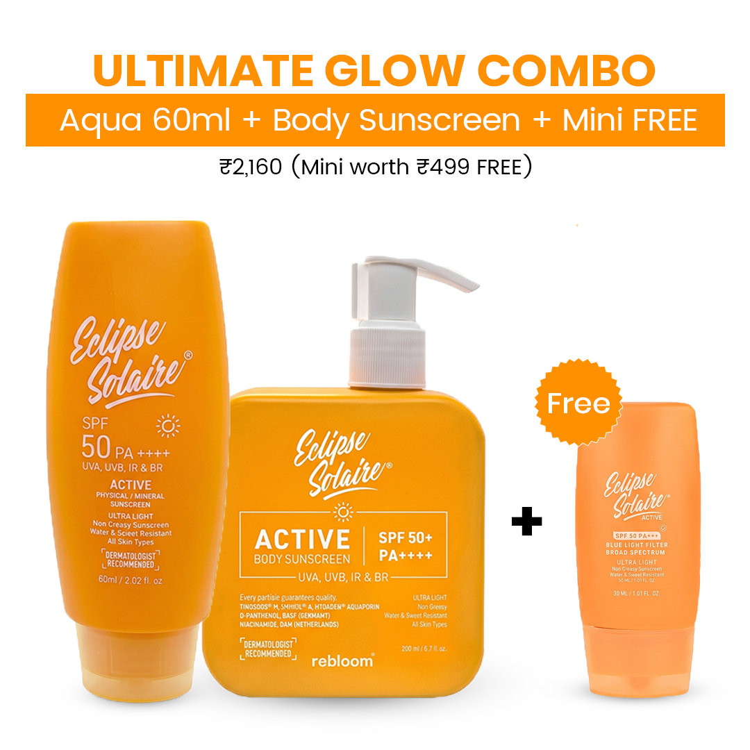 Eclipse Solaire Active 60ml + Body Sunscreen + 30ml Mini FREE | India’s Lightest Physical Sunscreen Summer Duo Combo with SPF 50 PA++++ Protection