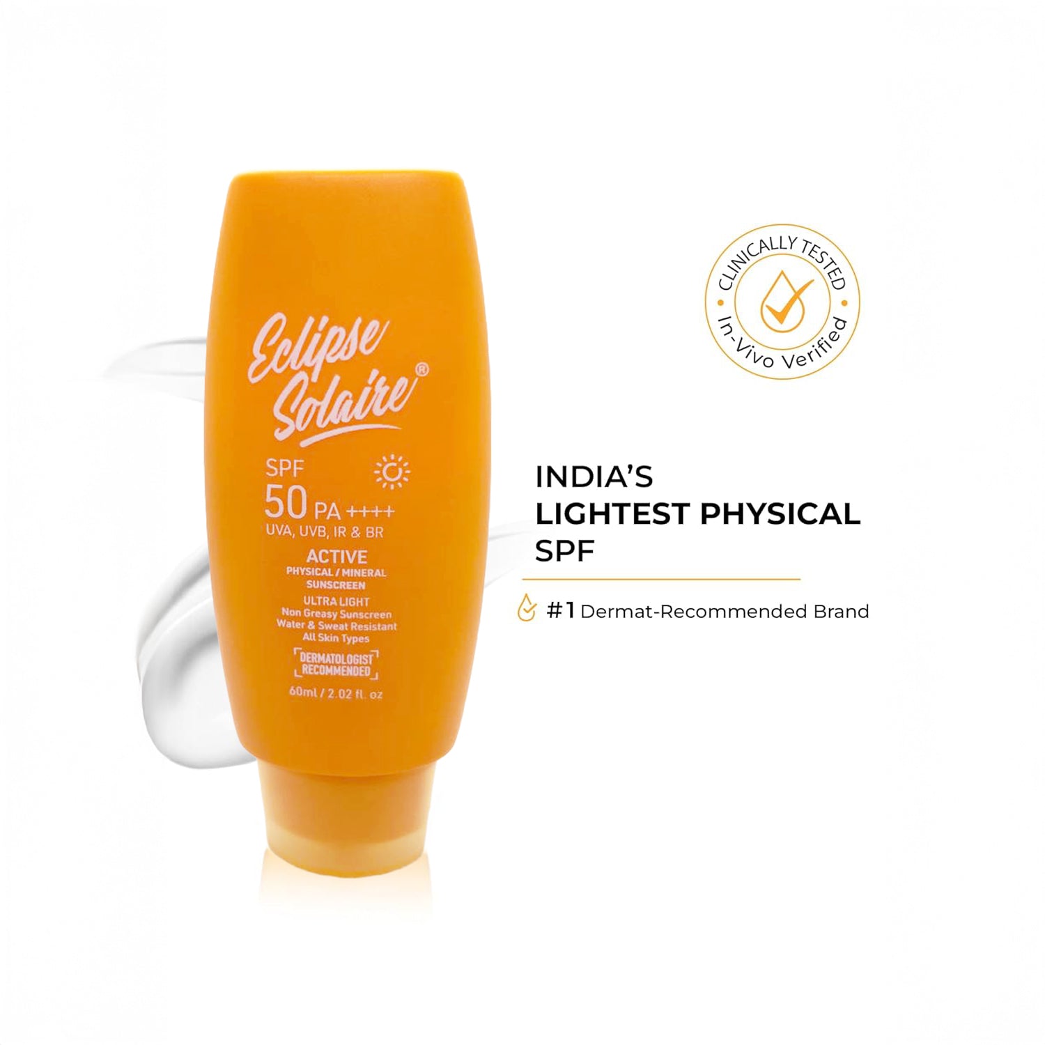 Eclipse Solaire Active SPF 50 PA++++ India’s Lightest Physical Sunscreen in 60ML
