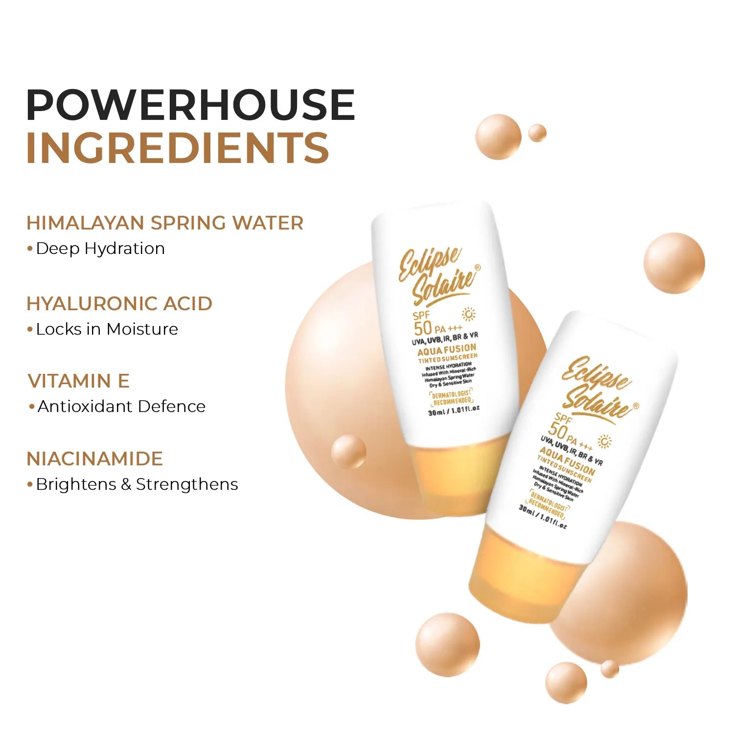 Eclipse Solaire Aqua Fusion Sunscreen SPF50 PA+++ | 5X Protection | Infused with Himalayan Spring Water | Non-Greasy, For All Skin Types - 30ml