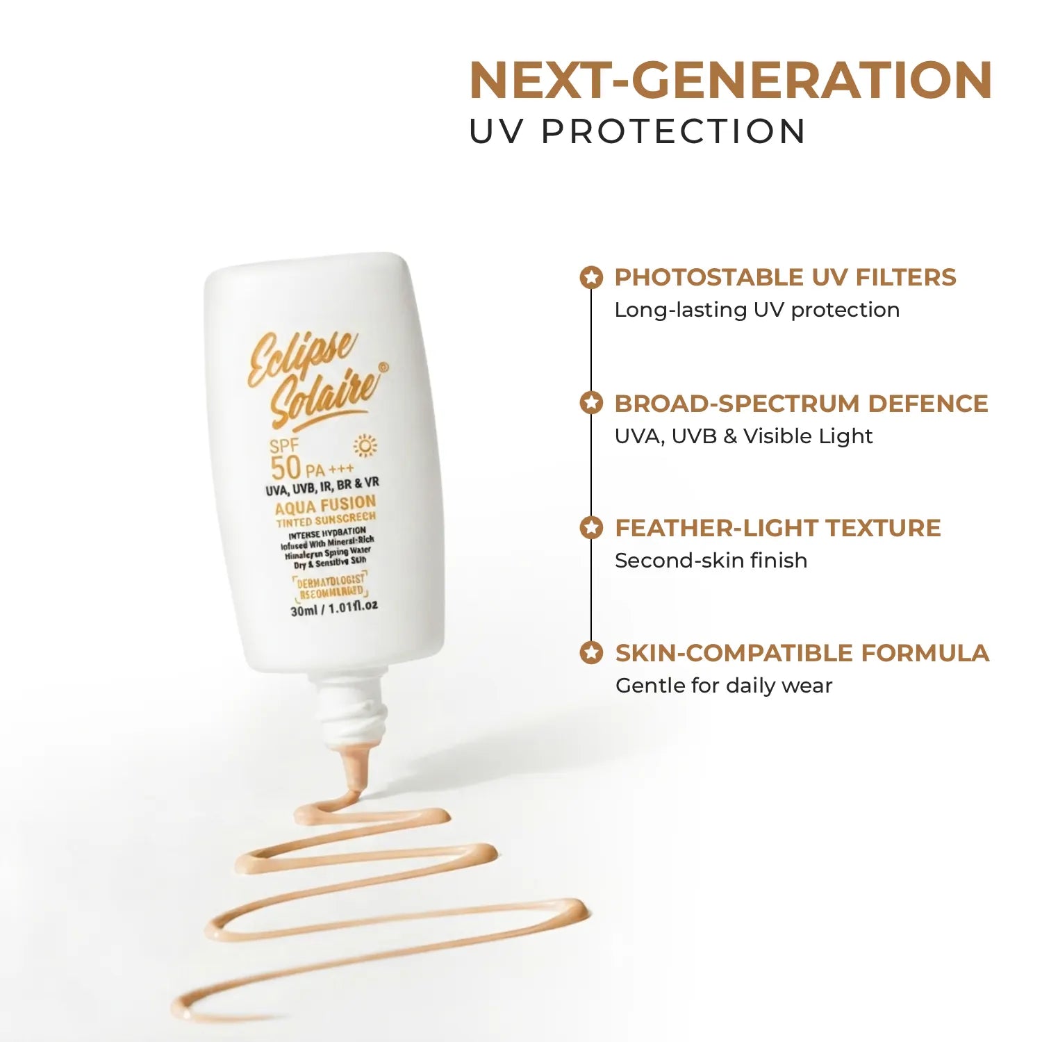 Eclipse Solaire Aqua Fusion Sunscreen SPF50 PA+++ | 5X Protection | Infused with Himalayan Spring Water | Non-Greasy, For All Skin Types - 30ml