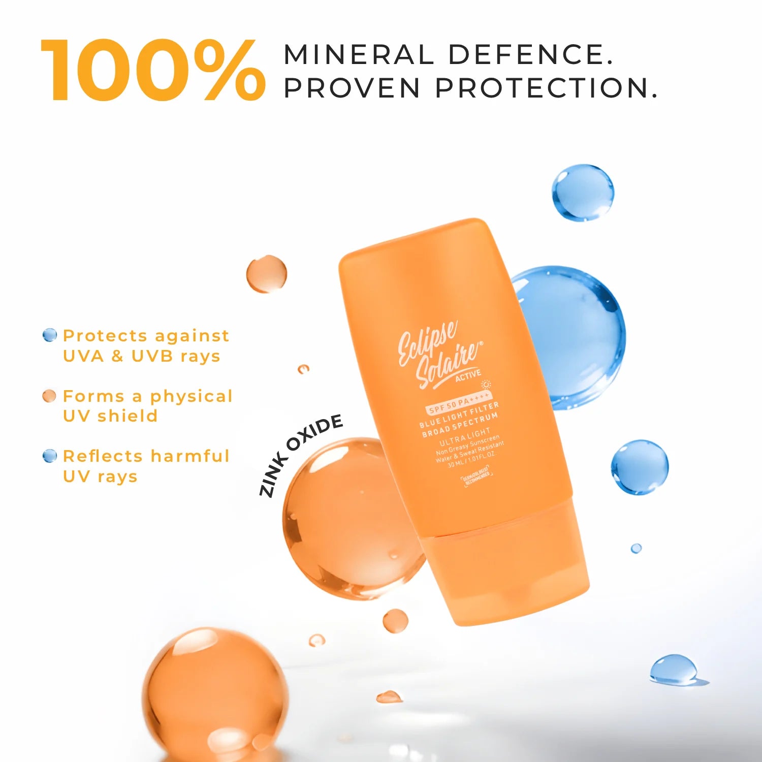 Eclipse Solaire Active SPF 50 PA++++ | Non-Greasy Physical Sunscreen for Sensitive Skin (30ML)